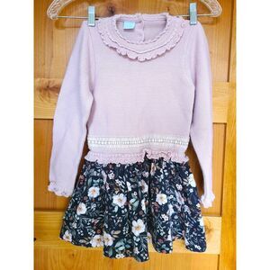 Granlei Girls Sz 7 100% Cotton Knit Dress Ruffle Pink Blue Floral Long Sleeve